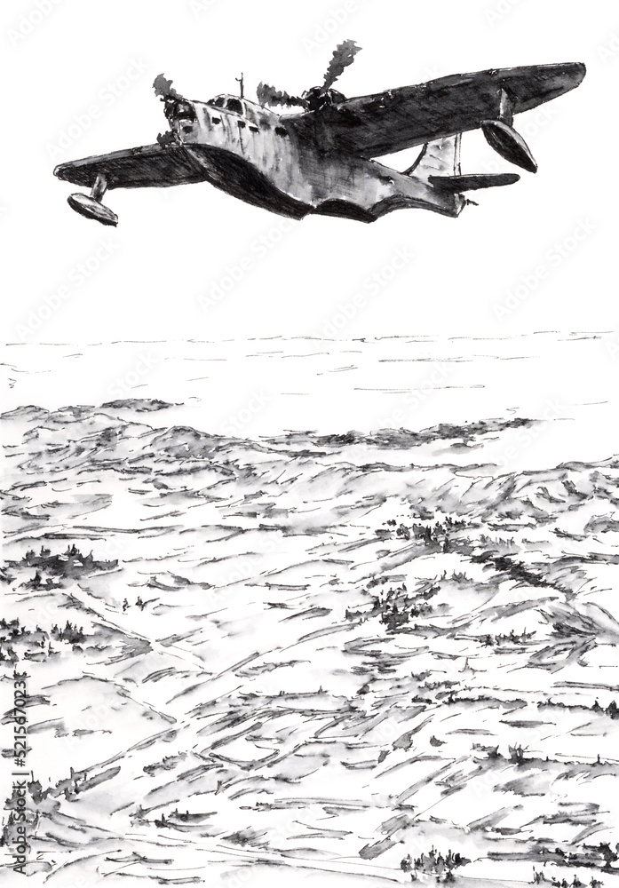 Obraz premium Twin-engined military flying boat over coastline. Ink on paper.