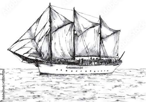 Gaff-rigged schooner. Ink on paper. photo