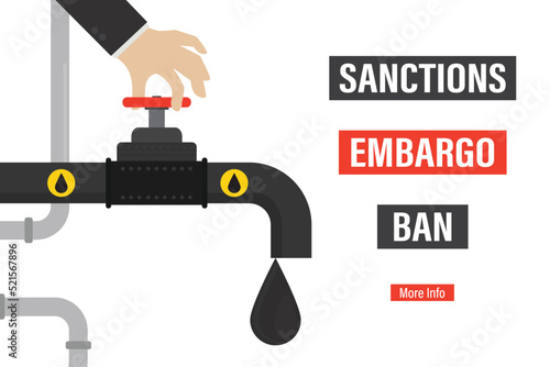 Hand of politician or businessman closes tap of pipe transporting oil or gas. Ban on sale of hydrocarbons. Sanctions, embargo concept. Pipeline with big oil drop.