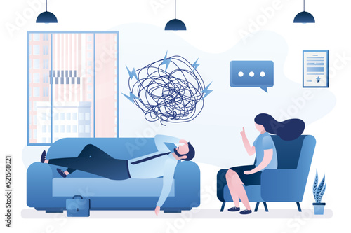 Unhappy, tired office worker lies on couch and talking with psychotherapist. Stress burden, mental problem. Businessman need help. Doctor consult patient. Family troubles. Psychology pressure.