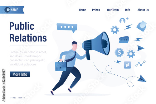 Public relations and affairs, landing page template. Pr manager communicate. PR agency. Public speaker uses megaphone. Online announcement. Businessman holds loudspeaker and running.