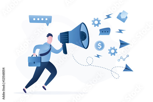 Public relations and affairs. Pr manager communicate. PR agency. Public speaker uses megaphone. Online announcement. Businessman holds loudspeaker and running. Male character in trendy style.
