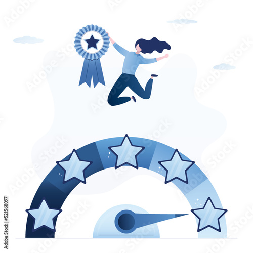 Businesswoman holds star and jumping. Arrow on measuring scale indicates highest rating. Best worker with award. Review, high quality product or service. Online survey, internet voting.