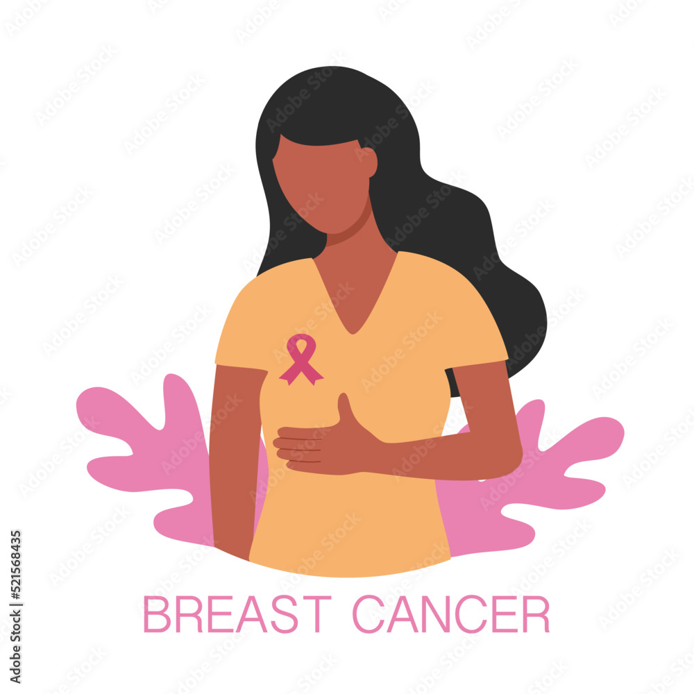 Breast cancer awareness month concept vector illustration. Black woman with pink ribbon logo in flat design.