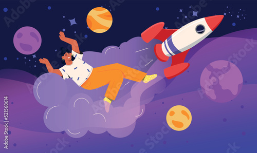 Virtual reality concept. Girl in space next to planets and rocket. Character in VR glasses metaphor of innovations and modern technologies. Games or learning. Cartoon flat vector illustration
