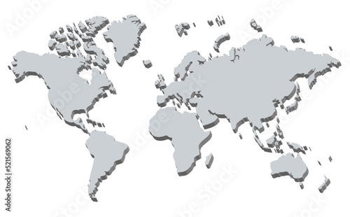 3Dの世界地図、モノクロ、太西洋