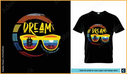 When dream comes true and becomes a crypto millionaire the man desires to spend holidays in the beach. On the sunglass in one side there is bitcoin and on the other side there is beach.