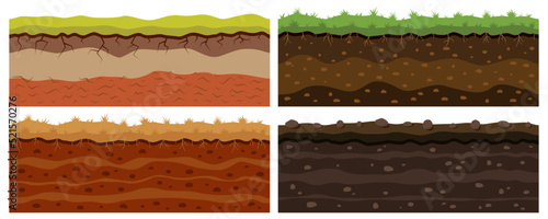 Dirt soil ground. Underground layers. Land with grass and rock. Dinosaur fossil. Earth and field game surface. Landscape horizontal borders. Vector cartoon geological topsoil textures set photo