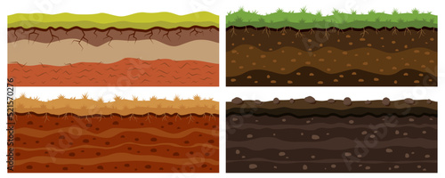 Dirt soil ground. Underground layers. Land with grass and rock. Dinosaur fossil. Earth and field game surface. Landscape horizontal borders. Vector cartoon geological topsoil textures set