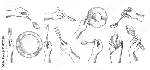 Sketch hands with cutlery. Top view of vintage dish on dinner table. Fork and knife in arms. Napkin and spoon. Lunch serving. Person holding silverware. Vector isolated tableware set