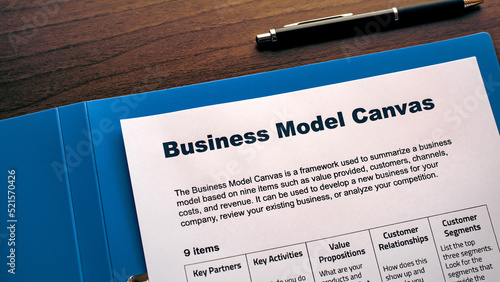 There is dummy documents that created for the photo shoot on the desk about Business Model Canvas. photo