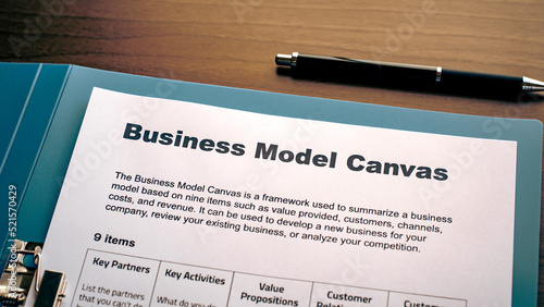 There is dummy documents that created for the photo shoot on the desk about Business Model Canvas.