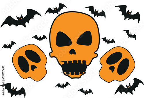 ilustración Halloween calaveras y murciélagos con fondo blanco 