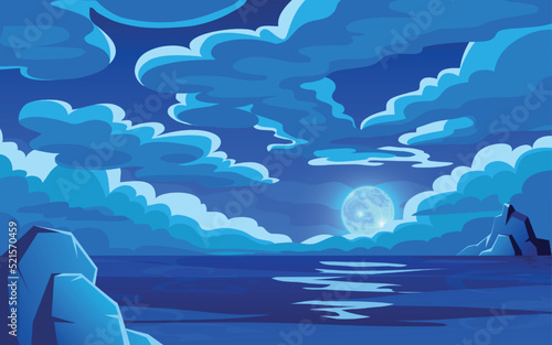 Night ocean landscape with cloud in sky. Dark scene, sea moon horizon, space time, magic lake with moonlight. Deep dark panorama. Mystery midnight backdrop. Vector illustration background