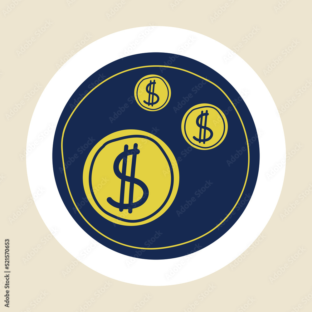 Planner sticker. Cartoon mark for kids notebook. Journal and diary sign with dollar coins. Agenda and reminder. Isolated round label. Doodle money payment symbol. Vector organizer badge Planner sticker. Cartoon mark for kids notebook. Journal and diary sign with dollar coins. Agenda and reminder. Isolated round label. Doodle money payment symbol. Vector organizer badge