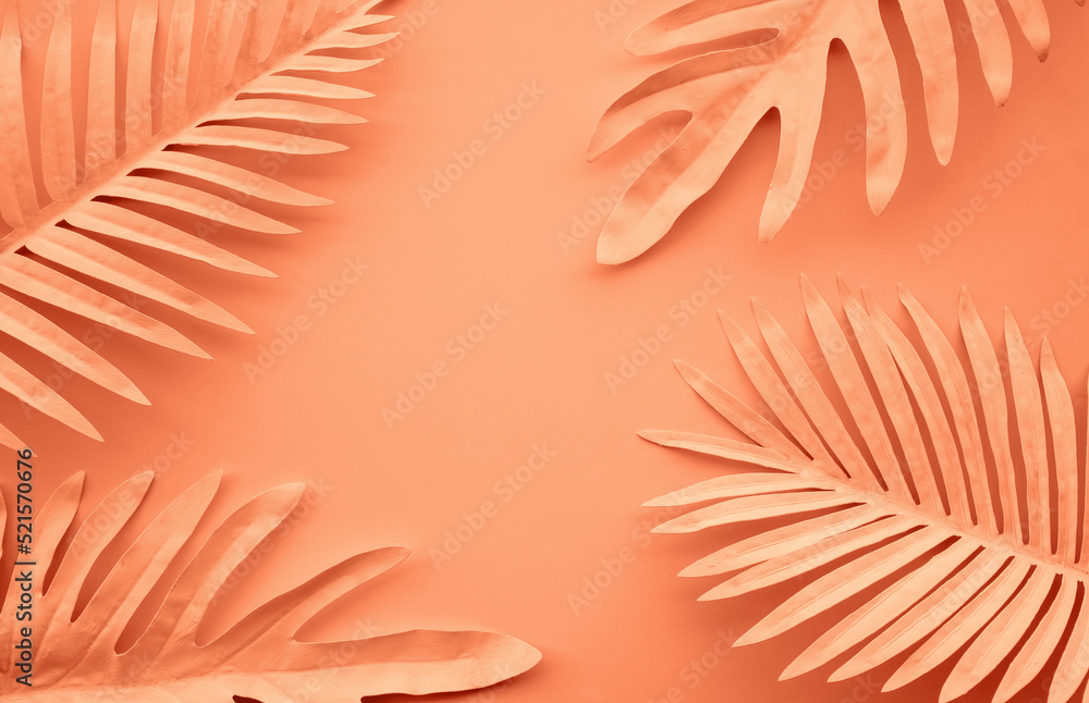 Collection of tropical leaves,foliage plant with color space background.Abstract leaf decoration design.Exotic nature art - obrazy, fototapety, plakaty 