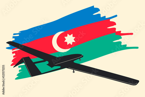 Unmanned aerial vehicle Bayraktar TB2 SIHA silhouette vector on a Azerbaijani flag background. Vector drawing of unmanned combat aerial vehicle. Side view. Image for illustration and infographics.