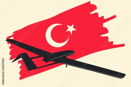 Unmanned aerial vehicle Bayraktar TB2 SIHA silhouette vector on a Turkish flag background. Vector drawing of unmanned combat aerial vehicle. Side view. Image for illustration and infographics.