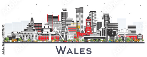 Wales City Skyline with Gray Buildings Isolated on White.