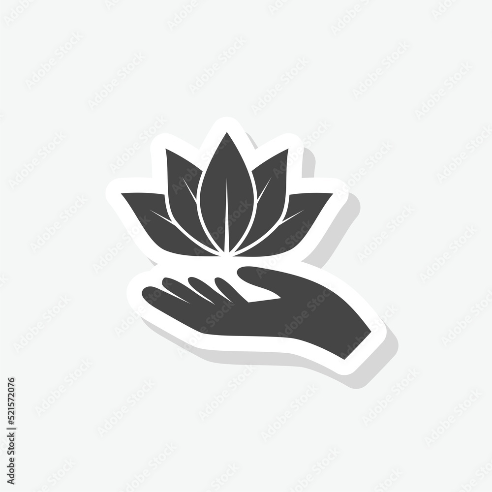 Lotus in hand sticker icon isolated on white Lotus in hand sticker icon isolated on white