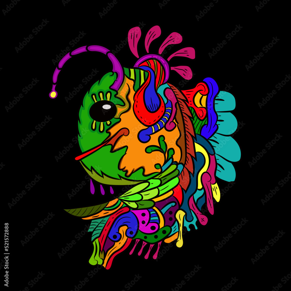 Colorfull vector anglerfish hand drawn doodle ilustration background for poster and shirt desaign