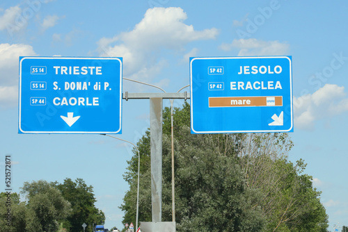 road signs in the large signs with the Italian seaside resorts
