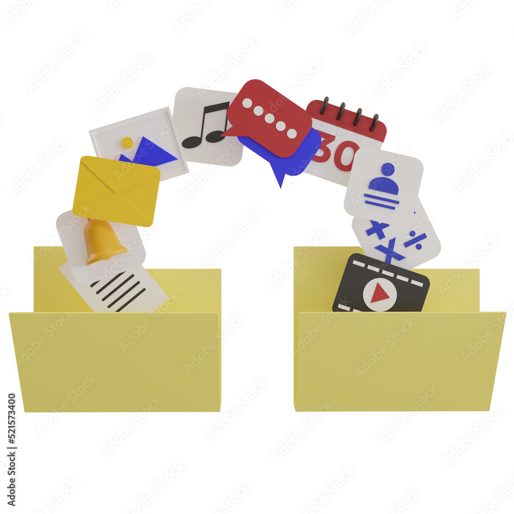 transfer files. Data exchange. Folder with paper files and apps, 3d icons