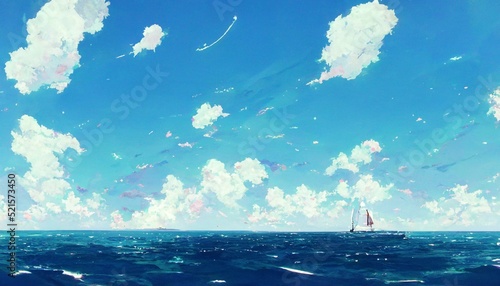 絵画風イラスト 海 青空 雲 鳥 船 波 快晴 夏