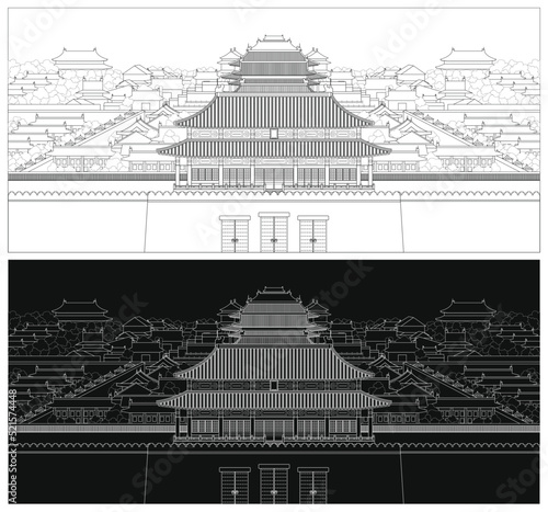 Layered editable vector illustration outline of the Forbidden City in Beijing, China.