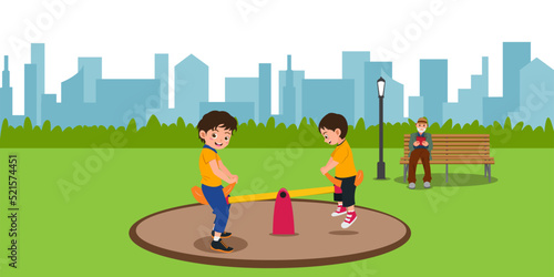 Cute Boys Playing Seesaw In The City Park