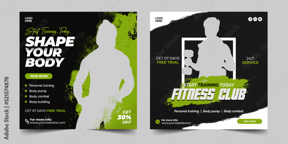 Fitness social media post design template. Gym social media banner template design