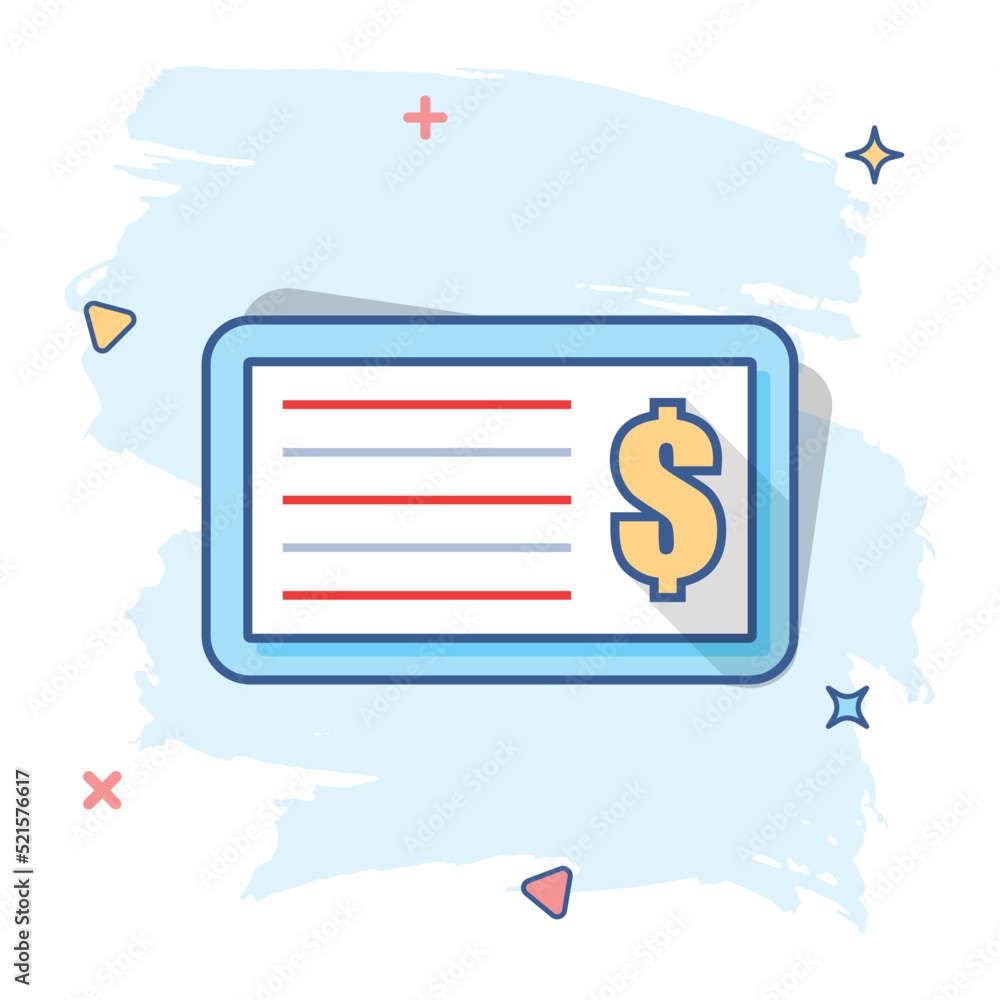 Cartoon money check icon in comic style. Bank checkbook illustration ...