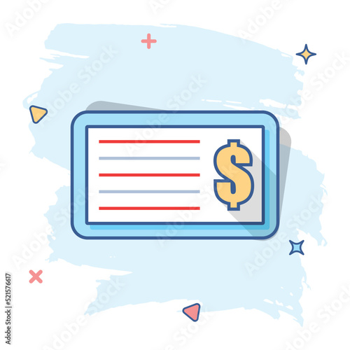 Cartoon money check icon in comic style. Bank checkbook illustration pictogram. Checkbook sign splash business concept.