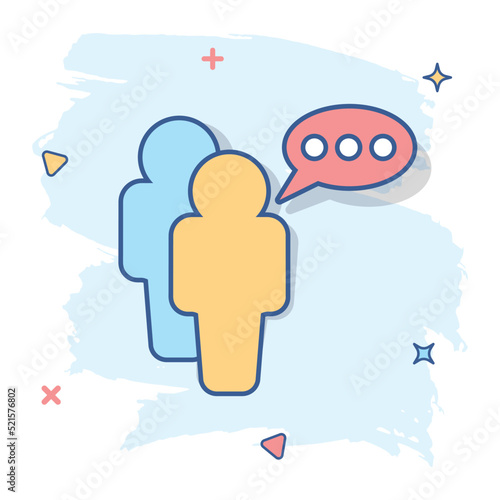 Cartoon people with speach bubble icon in comic style. Person illustration pictogram. Users person sign splash business concept.