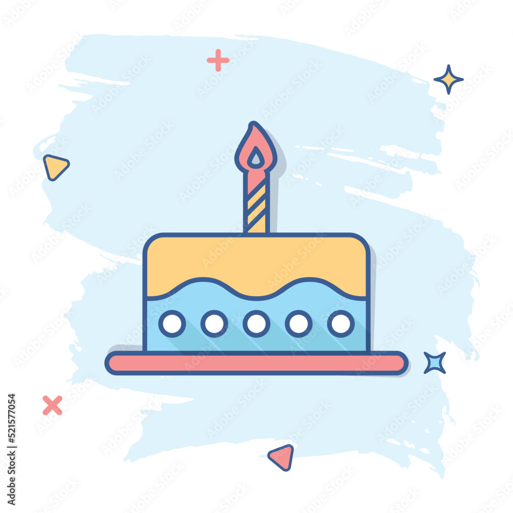 Obraz premium Cartoon birthday cake icon in comic style. Fresh pie muffin sign illustration pictogram. Cupcake business concept.