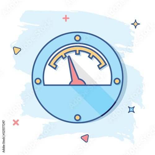 Vector cartoon electric meter icon in comic style. Power meter sign illustration pictogram. High voltage business splash effect concept.