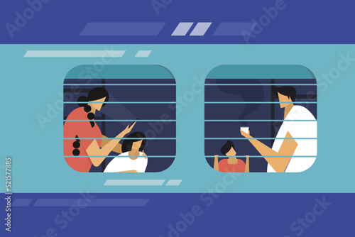 Illustration of a family with children sitting in the window seat of a train