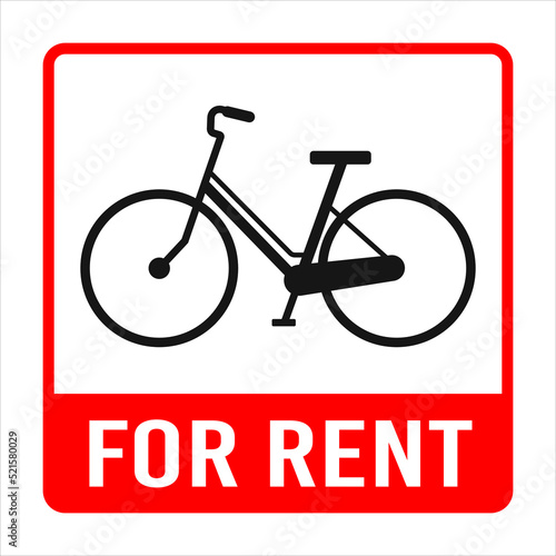 Bicycle for rent sign. Bike sharing signboard, cycling icon with text