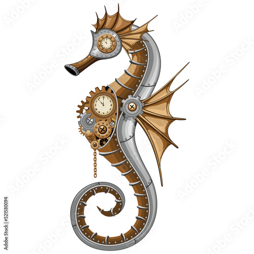 Steampunk Seahorse Vintage Surreal Art Vector Illustration isolated on white