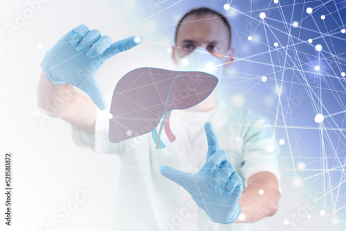 male doctor touches virtual Liver in hand. Blurred photo, handrawn human organ, highlighted red as symbol of disease. Healthcare hospital service concept stock photo.