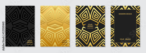 Cover set, vertical templates. Collection of relief backgrounds with 3d pattern, geometric ethnic vintage golden texture. Tribal creativity of the East, Asia, India, Mexico, Aztecs, Peru.