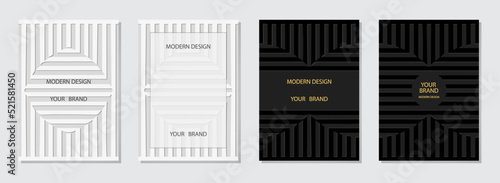 Cover set, vertical templates. Collection of relief backgrounds with 3d pattern, geometric modern texture of stripes and lines. Place for text and advertising, design for website, presentation, bookle