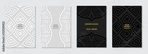Cover set, vertical templates. Collection of relief backgrounds with 3d pattern, geometric ethnic unique texture. Tribal creativity of the East, Asia, India, Mexico, Aztecs, Peru.