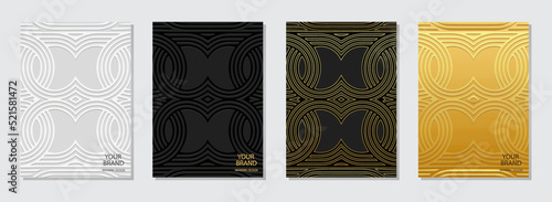 Cover set, vertical templates. Collection of relief backgrounds with 3d pattern, geometric ethnic trendy gold texture from circles. Tribal creativity of the East, Asia, India, Mexico, Aztecs, Peru.