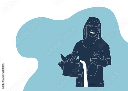 Cleaning company staff in uniform, set of two poses. Woman cartoon character cleaner with thumb up gesture and with bucket full of detergents. Vector illustration.