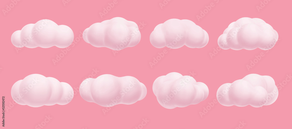 Render clouds. Soft cute cartoon air element. Environment simple cloud in pink sky. Various forms fluffy isolated geometric bubbles objects. Magic pure cloudscape. Vector 3d weather icon set