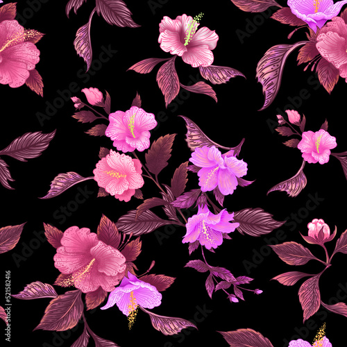 Fototapeta Naklejka Na Ścianę i Meble -  Floral pattern of decorative elements of botany on a black background. Textiles, packaging, background, design, cover, wallpaper.