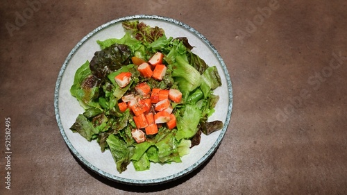 Crab Stick Salad with Japanese Soy Sauce It is a menu that helps in weight loss. Top view.