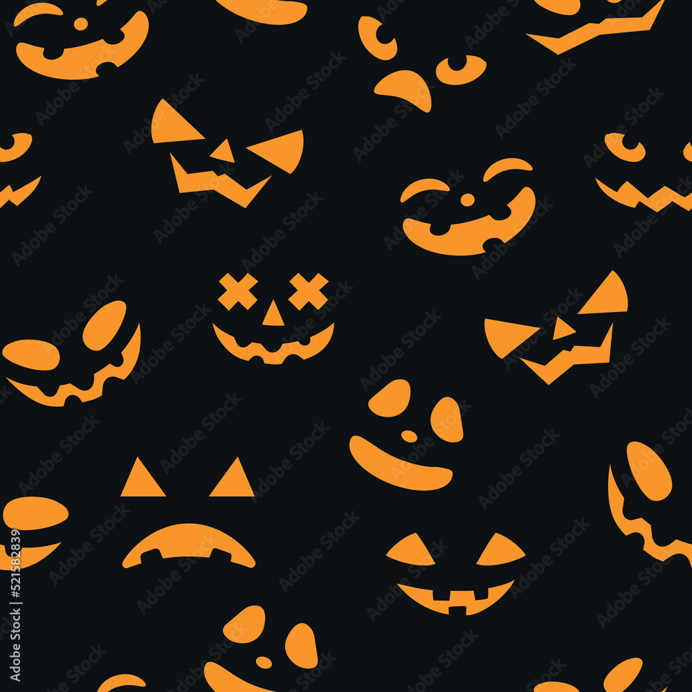 Halloween pumpkin pattern. Emoji face, funny spooky autumn jack face, creepy dark holiday, evil eyes and mouth print. Decor textile, wrapping paper, wallpaper. Vector seamless background