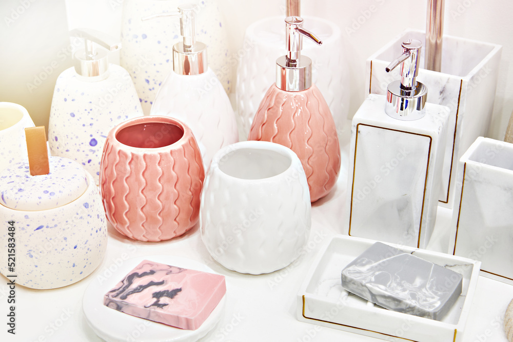 Porcelain bottles with liquid soap Porcelain bottles with liquid soap